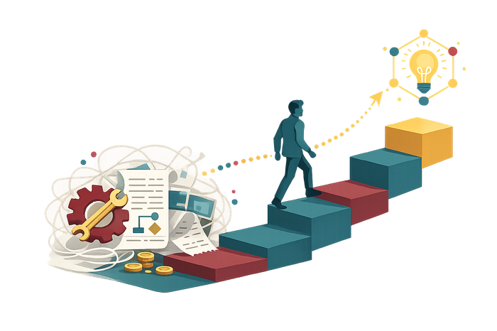 Illustration of a career journey from technical work to management to founding BizzSole